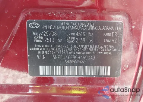 2009 Hyundai Sonata Se/Limited z USA, uszkodzony, nr VIN 5NPEU46F89H469043